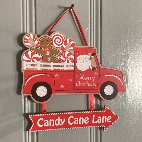 NWT Wooden Glitter Merry Christmas Santa Truck Candy Cane Lane➡️ Decoration Sign - Picture 7 of 12